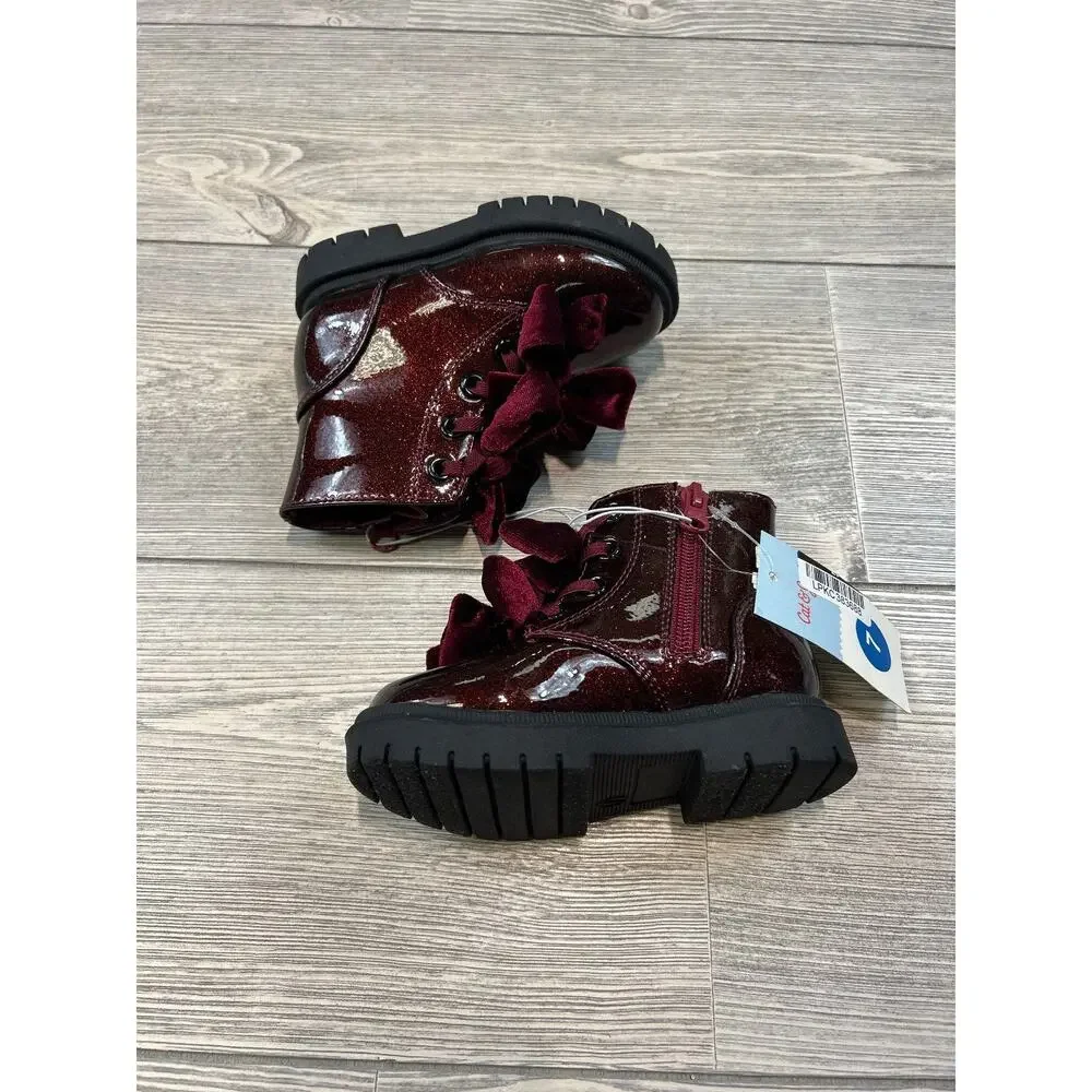 Cat & Jack Toddler Estes Shimmer Combat Boots Burgundy 7 NWT
